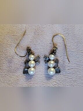 Snowman 3 Pearls Triple Drop Earrings 925 Sterling Silver Shube VTG